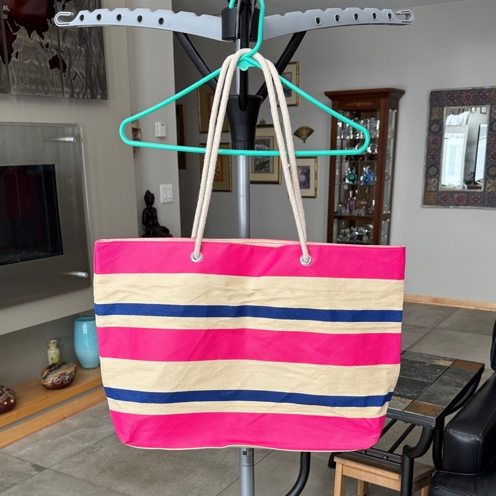 DSW Striped Pink blue and Tan Tote Bag large